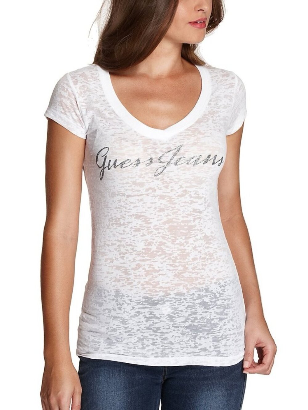 Guess Rhinestone Women's Logo Sheer Tee T-shirt Top WHITE SMALL NWT RARE